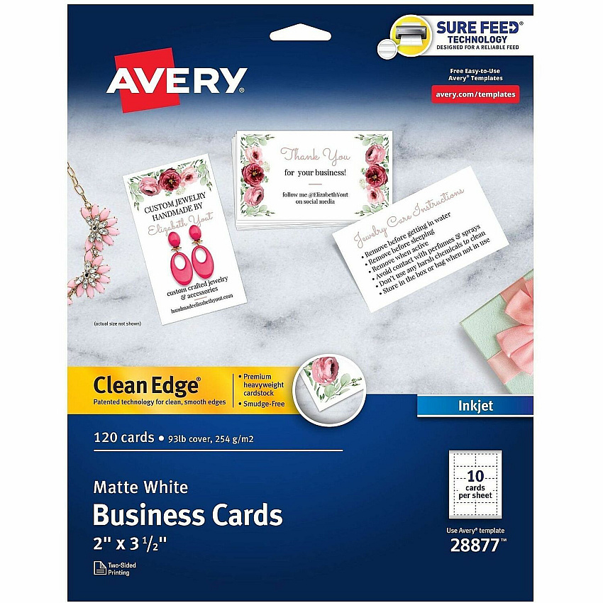 Avery&reg; Clean Edge Business Cards, 2" x 3.5" , White, 120 110 Brightness - A8 - 2" x 3 1/2" - 93 lb Basis Weight - 254 g/m² Grammage - Matte - Rounded Corner, Smooth Edge, Unperforated, Avery Clean Edge Technology, Printable, Double-sided  (28877)