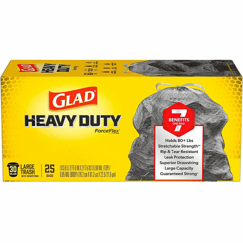 Glad ForceFlexPlus Large Drawstring Trash Bags Large Size - 30 gal Capacity - 24.88" Length x 24.02" Width - Drawstring Closure - Black - Home, Office, Can - 25/Box - 1 Each (70359)