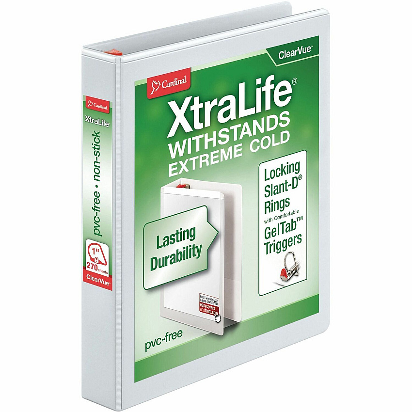 Cardinal Xtralife ClearVue Locking Slant-D Binders 1" Binder Capacity - Letter - 8 1/2" x 11" Sheet Size - 270 Sheet Capacity - 1" Spine Width - 3 Ring(s) - Fastener(s): D-Ring - Pocket(s): 2, Inside Front & Back - Polyolefin - White - 14.40 oz  (26300CB)