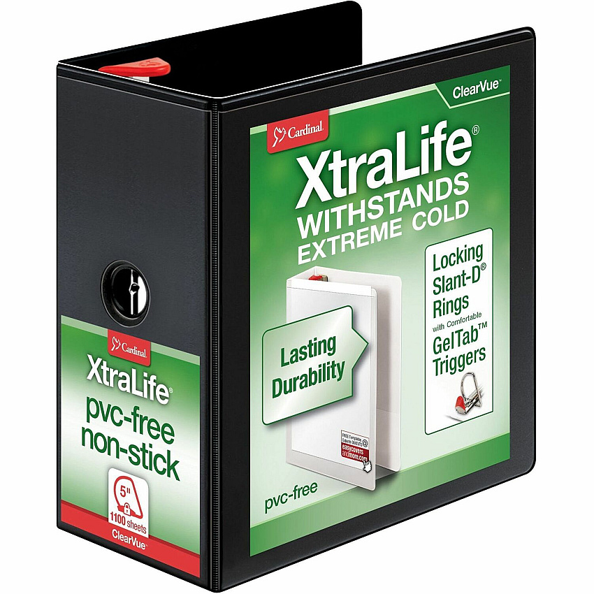 Cardinal Xtralife ClearVue Locking Slant-D Binders 5" Binder Capacity - Letter - 8 1/2" x 11" Sheet Size - 1100 Sheet Capacity - 4 3/8" Spine Width - 3 Ring(s) - Fastener(s): D-Ring - Pocket(s): 2, Inside Front & Back - Polyolefin - Black - 2.25 (26351CB)