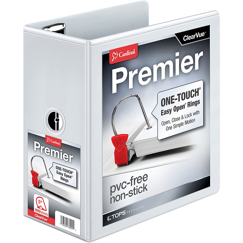 Cardinal EasyOpen Clearvue Slant D-Ring Binders 5" Binder Capacity - Letter - 8 1/2" x 11" Sheet Size - 1050 Sheet Capacity - 5 19/64" Spine Width - 3 Ring(s) - Fastener(s): D-Ring - Pocket(s): 4, Inside Front & Back - Polypropylene, Chipboard - (10350CB)