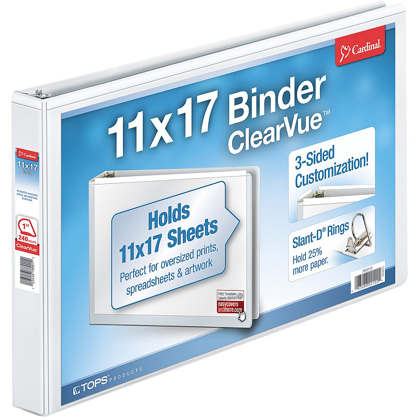 Cardinal ClearVue Overlay Tabloid D-Ring Binders 1" Binder Capacity - Tabloid - 11" x 17" Sheet Size - 240 Sheet Capacity - 1" Spine Width - 3 Ring(s) - Fastener(s): D-Ring - Vinyl - White - 2.34 lb - Recycled - Hinged, Clear Overlay, Non Lockin (22112CB)