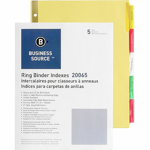 Business Source Reinforced Insertable Tab Indexes 5 Tab(s) - 2" Tab Width - 8.5" Divider Width x 11" Divider Length - Letter - 3 Hole Punched - Buff Divider - Manila Tab(s) - Mylar Reinforcement, Insertable, Reinforced Edges, Punched, Tear Resi (BSN20065)
