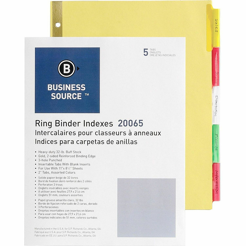 Business Source Reinforced Insertable Tab Indexes 5 Tab(s) - 2" Tab Width - 8.5" Divider Width x 11" Divider Length - Letter - 3 Hole Punched - Buff Divider - Manila Tab(s) - Mylar Reinforcement, Insertable, Reinforced Edges, Punched, Tear Resi (BSN20065)