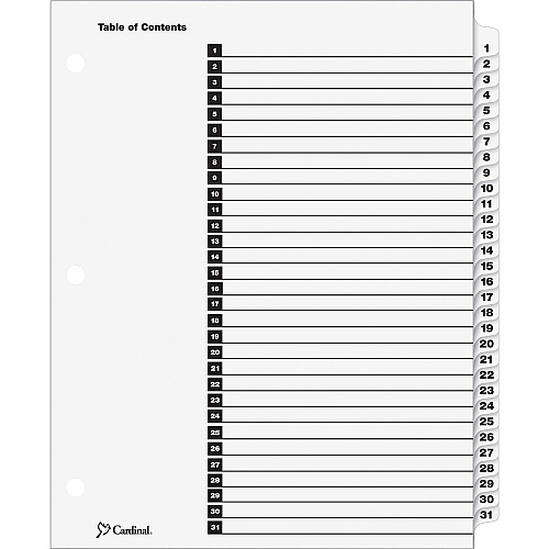 Cardinal OneStep Daily Index System 31 x Divider(s) - Printed Tab(s) - Digit - 1-31 - 31 Tab(s)/Set - 9" Divider Width x 11" Divider Length - Letter - 8.50" Width x 11" Length - 3 Hole Punched - White Divider - White Tab(s) - Reinforced Tab, Rei (60113CB)
