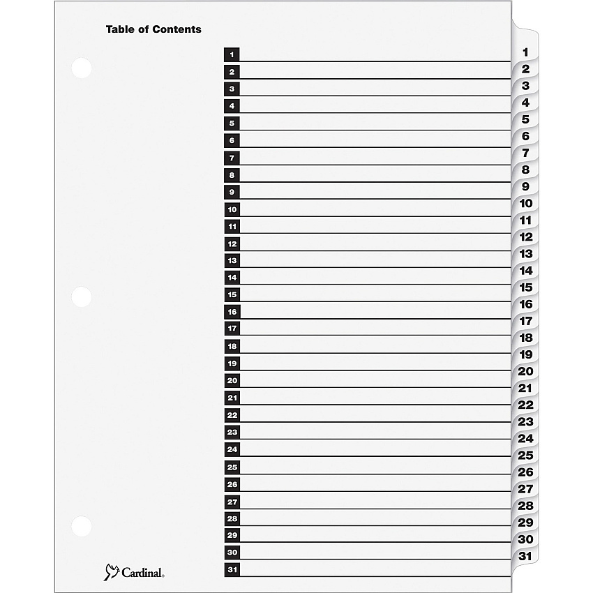 Cardinal OneStep Daily Index System 31 x Divider(s) - Printed Tab(s) - Digit - 1-31 - 31 Tab(s)/Set - 9" Divider Width x 11" Divider Length - Letter - 8.50" Width x 11" Length - 3 Hole Punched - White Divider - White Tab(s) - Reinforced Tab, Rei (60113CB)