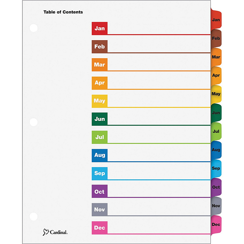 Cardinal OneStep Monthly Index System 12 x Divider(s) - Printed Tab(s) - Month - Jan-Dec - 12 Tab(s)/Set - 9" Divider Width x 11" Divider Length - Letter - 8.50" Width x 11" Length - 3 Hole Punched - White Divider - Multicolor Tab(s) - Reinforce (60318CB)
