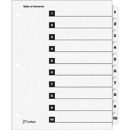 Cardinal OneStep Numbered Index System 10 x Divider(s) - Printed Tab(s) - Digit - 1-10 - 10 Tab(s)/Set - 9" Divider Width x 11" Divider Length - Letter - 8.50" Width x 11" Length - 3 Hole Punched - White Divider - White Tab(s) - Reinforced Tab,  (61013CB)
