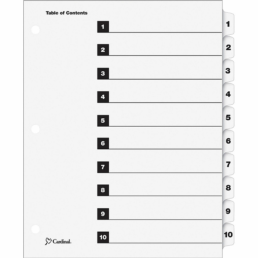 Cardinal OneStep Numbered Index System 10 x Divider(s) - Printed Tab(s) - Digit - 1-10 - 10 Tab(s)/Set - 9" Divider Width x 11" Divider Length - Letter - 8.50" Width x 11" Length - 3 Hole Punched - White Divider - White Tab(s) - Reinforced Tab,  (61013CB)