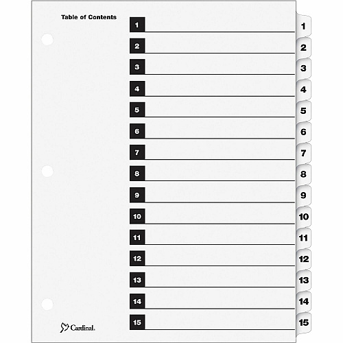 Cardinal OneStep Numbered Index System 15 x Divider(s) - Printed Tab(s) - Digit - 1-15 - 15 Tab(s)/Set - 9" Divider Width x 11" Divider Length - Letter - 8.50" Width x 11" Length - 3 Hole Punched - White Divider - White Tab(s) - Reinforced Tab,  (61513CB)