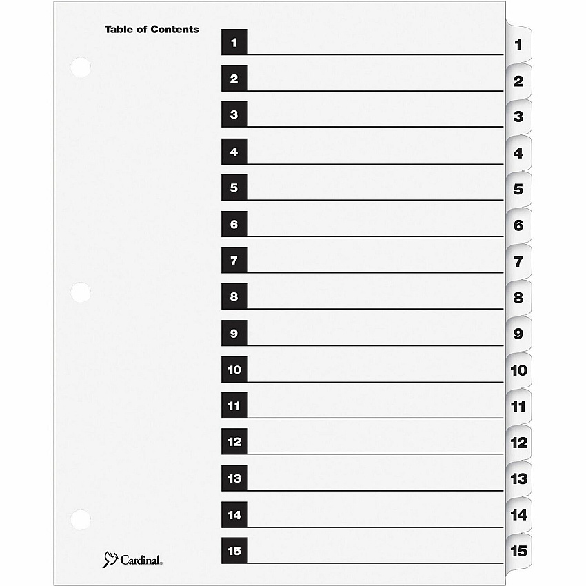 Cardinal OneStep Numbered Index System 15 x Divider(s) - Printed Tab(s) - Digit - 1-15 - 15 Tab(s)/Set - 9" Divider Width x 11" Divider Length - Letter - 8.50" Width x 11" Length - 3 Hole Punched - White Divider - White Tab(s) - Reinforced Tab,  (61513CB)