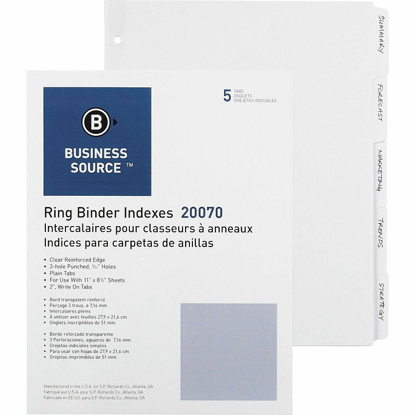 Business Source 3-Ring Plain Tab Indexes 5 Write-on Tab(s) - 5 Tab(s)/Set - 2" Tab Width - 8.5" Divider Width x 11" Divider Length - Letter - 3 Hole Punched - White Divider - 100% Recycled - Mylar Reinforced Edge, Punched - 100 / Box (BSN20070)