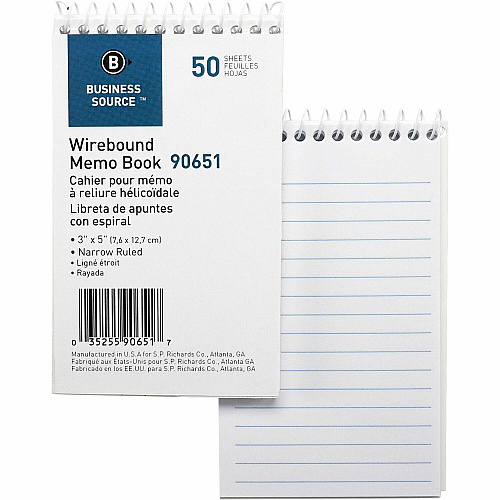 Business Source Wirebound Memo Books 50 Sheet(s) - Wire Bound - 5" x 3" Sheet Size - White - White Sheet(s) - 1 Dozen (BSN90651)