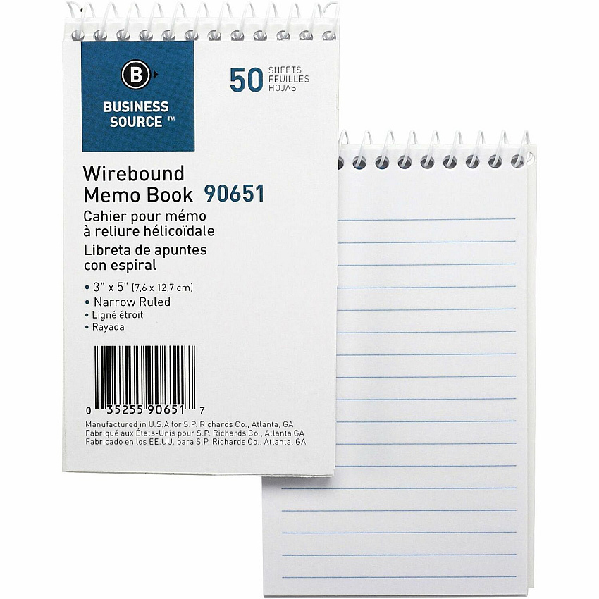 Business Source Wirebound Memo Books 50 Sheet(s) - Wire Bound - 5" x 3" Sheet Size - White - White Sheet(s) - 1 Dozen (BSN90651)