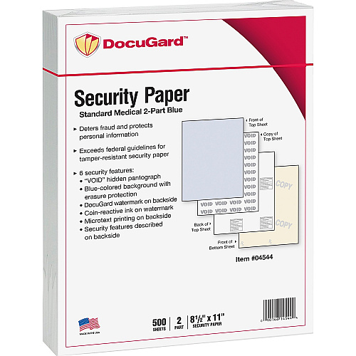 DocuGard Standard 2-part Medical Security Paper Letter - 8 1/2" x 11" - 24 lb Basis Weight - Tamper Resistant, Pantograph, Erasure Protection, Watermarked, Security Features Listing, Coin-reactive Ink, Microtext Printing, Carbonless, CMS Approved, (04544)