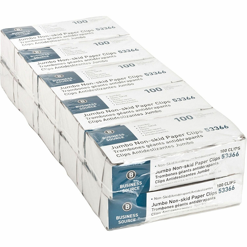 Business Source Jumbo Nonskid Paper Clips Jumbo - Silver - Steel - 100/Box - 10 / Pack (BSN53366)