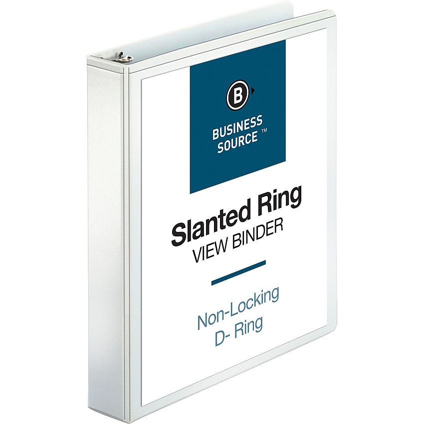 Business Source Basic D-Ring View Binder 1 1/2" Binder Capacity - Letter - 8 1/2" x 11" Sheet Size - 375 Sheet Capacity - 3 Ring(s) - Fastener(s): D-Ring - Pocket(s): Internal - Polypropylene, Chipboard - White - 1.12 lb - Clear Overlay, Spine  (BSN28441)