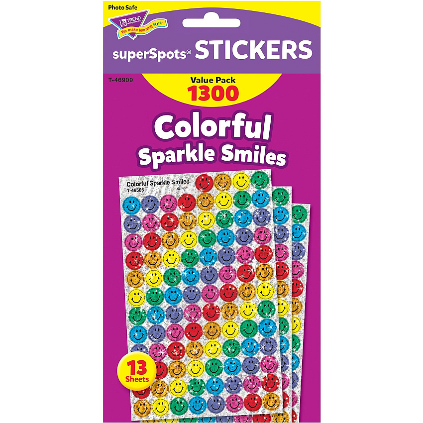 Trend SuperSpots Variety Pack Stickers 1300 x Smilies Shape - Self-adhesive - Acid-free, Non-toxic, Photo-safe - Assorted - 1300 / Pack (T46909)