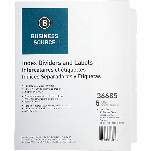 Business Source Punched Laser Index Dividers 5 Blank Tab(s) - 5 Tab(s)/Set - 8.5" Divider Width x 11" Divider Length - Letter - 3 Hole Punched - White Paper Divider - White Tab(s) - 100% Recycled - Mylar Reinforcement, Reinforced, Punched - 25  (BSN36685)
