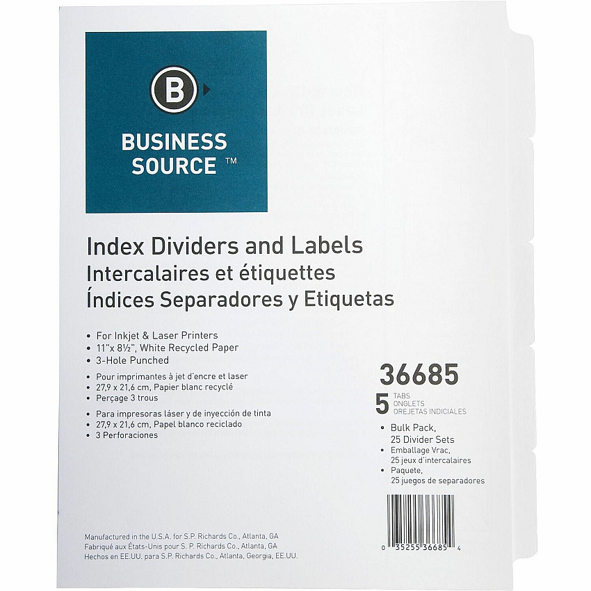 Business Source Punched Laser Index Dividers 5 Blank Tab(s) - 5 Tab(s)/Set - 8.5" Divider Width x 11" Divider Length - Letter - 3 Hole Punched - White Paper Divider - White Tab(s) - 100% Recycled - Mylar Reinforcement, Reinforced, Punched - 25  (BSN36685)