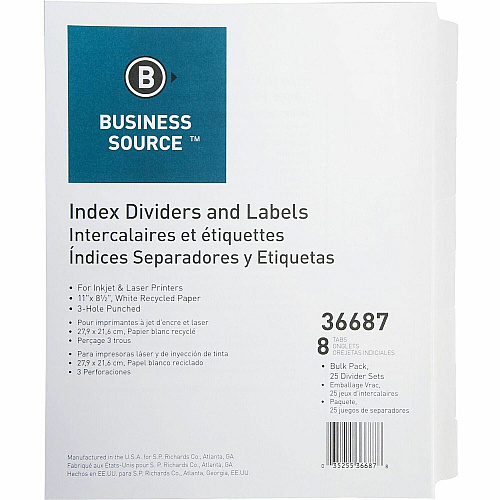 Business Source Punched Laser Index Dividers 8 Blank Tab(s) - 8 Tab(s)/Set - 8.5" Divider Width x 11" Divider Length - Letter - 3 Hole Punched - White Paper Divider - White Tab(s) - 100% Recycled - Mylar Reinforcement, Reinforced, Punched - 25  (BSN36687)