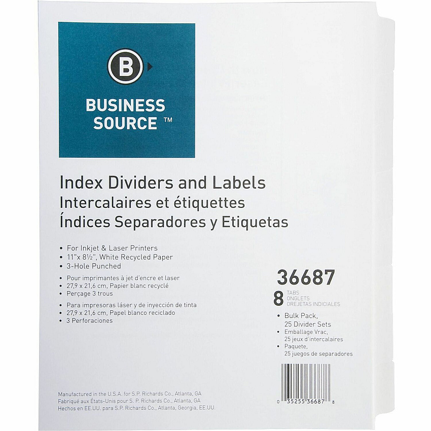 Business Source Punched Laser Index Dividers 8 Blank Tab(s) - 8 Tab(s)/Set - 8.5" Divider Width x 11" Divider Length - Letter - 3 Hole Punched - White Paper Divider - White Tab(s) - 100% Recycled - Mylar Reinforcement, Reinforced, Punched - 25  (BSN36687)
