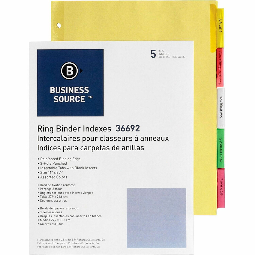 Business Source Insertable Tab Ring Binder Indexes 5 Blank Tab(s) - 2" Tab Width - 8.5" Divider Width x 11" Divider Length - Letter - 3 Hole Punched - Multicolor Tab(s) - Tear Resistant, Punched, Insertable, Reinforced Edges - 5 / Set (BSN36692)