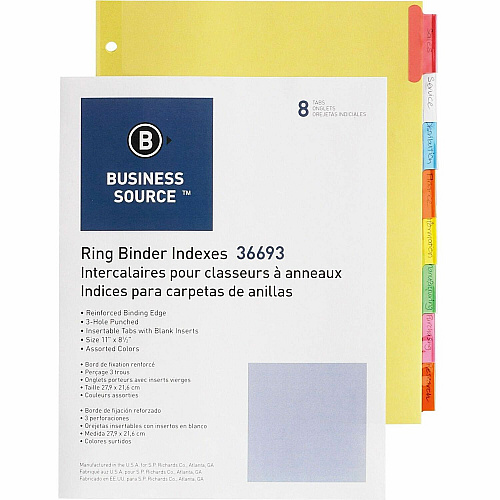 Business Source Insertable Tab Ring Binder Indexes 8 Blank Tab(s) - 1.50" Tab Width - 8.5" Divider Width x 11" Divider Length - Letter - 3 Hole Punched - Multicolor Tab(s) - Tear Resistant, Punched, Insertable, Reinforced Edges - 8 / Set (BSN36693)