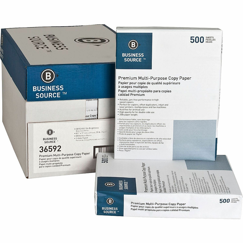 Business Source 3HP Premium Multipurpose Copy Paper - White 92 Brightness - Letter - 8 1/2" x 11" - 20 lb Basis Weight - Acid-free - White - 500 Sheets per Ream - 10 / Carton (BSN36592)