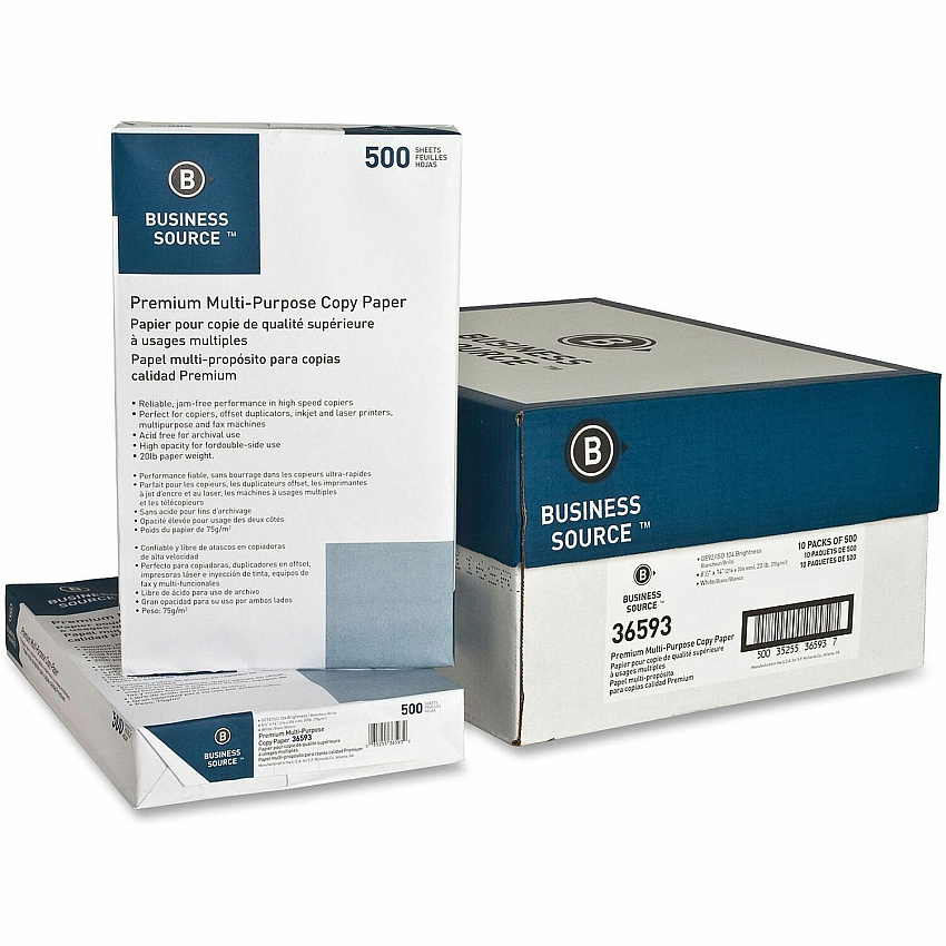 International Paper Business Source Premium Multipurpose Copy Paper 92 Brightness - Legal - 8 1/2" x 14" - 20 lb Basis Weight - Acid-free - White - 500 Sheets per Ream - 10 / Carton (BSN36593)