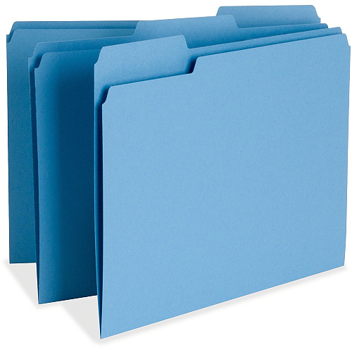 Business Source 1/3 Tab Cut Letter Recycled Top Tab File Folder 8 1/2" x 11" - Top Tab Location - Assorted Tab Position - 11 pt. - 1 Plys - Blue - 10% Recycled - 100 / Box (BSN65779)