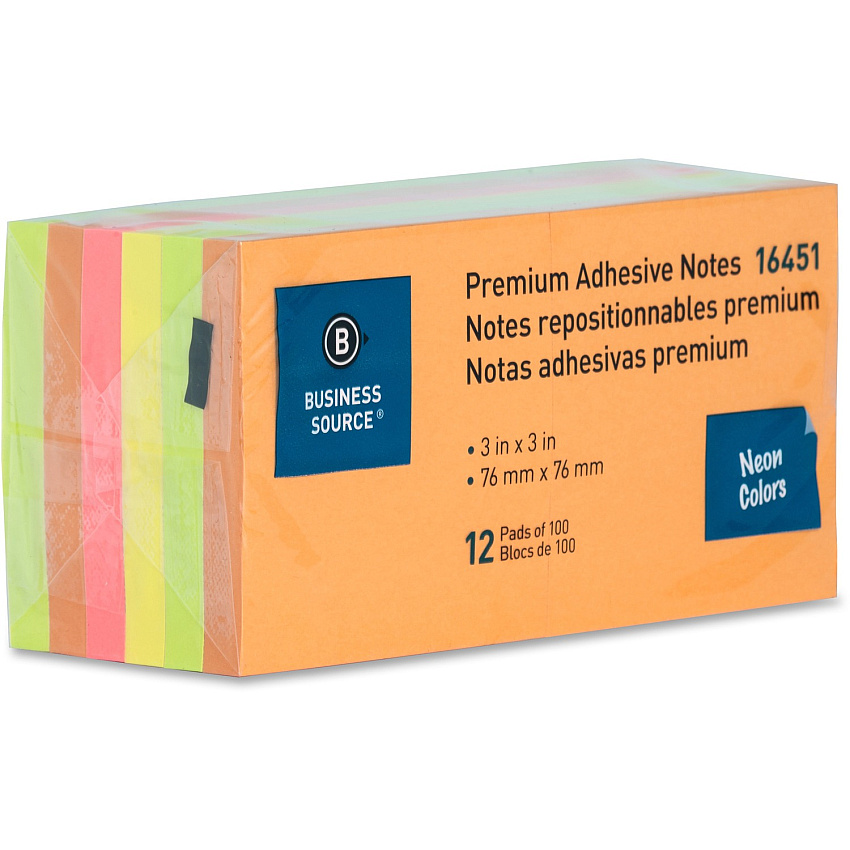 Business Source Repositionable Neon Notes 3" Flag/Note Width x 3" Flag/Note Length - Square - Neon - Removable, Repositionable, Solvent-free Adhesive - 12 / Pack (BSN16451)