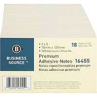 Business Source Repositionable Notes 3" Flag/Note Width x 5" Flag/Note Length - Rectangle - Yellow - Repositionable, Solvent-free Adhesive - 18 / Pack (BSN16455)