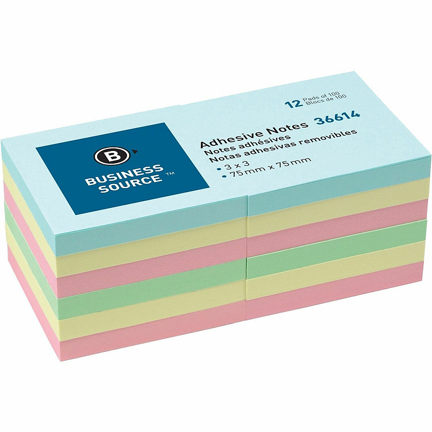 Business Source 3" Plain Pastel Colors Adhesive Notes 100 - 3" Flag/Note Width x 3" Flag/Note Length - Square - Assorted - Repositionable, Solvent-free Adhesive - 12 / Pack (BSN36614)