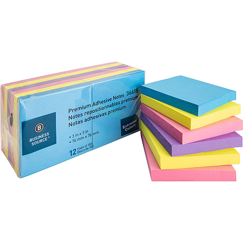 Business Source 3x3 Extreme Colors Adhesive Notes 100 - 3" Flag/Note Width x 3" Flag/Note Length - Square - Assorted - Repositionable, Solvent-free Adhesive - 12 / Pack (BSN36615)