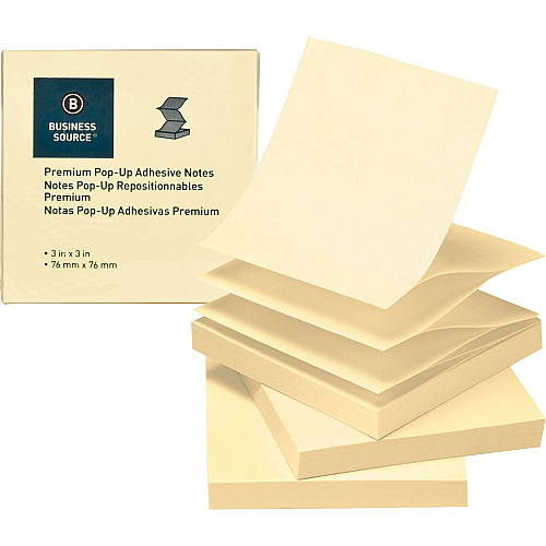 Business Source Reposition Pop-up Adhesive Notes 3" Flag/Note Width x 3" Flag/Note Length - Square - Yellow - Removable, Repositionable, Solvent-free Adhesive, Fanfold, Pop-up - 24 / Pack (BSN36617)
