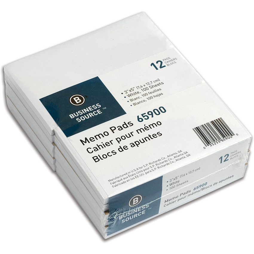 Business Source Plain Memo Pads 100 Sheets - Plain - Glued - Unruled Front Ruling - 15 lb Basis Weight - 3" x 5" Sheet Size - White Paper - Chipboard Backing - 1 Dozen (BSN65900)