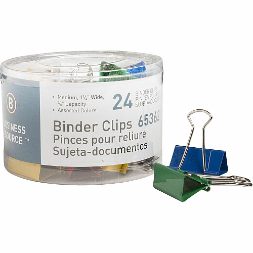 Business Source Colored Fold-back Binder Clips Medium - 1.3" Width - 0.63" Size Capacity - Assorted - Steel - 24 / Pack (BSN65362)