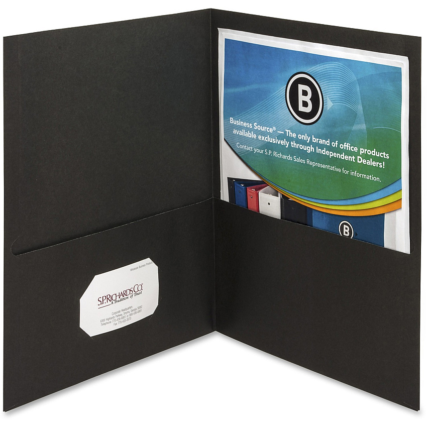 Business Source Letter Recycled Pocket Folder 8 1/2" x 11" - 100 Sheets Capacity - 2 Inside Front & Back Pocket(s) - Paper - Black - Card Holder - 35% Recycled - 25 / Box (BSN78490)