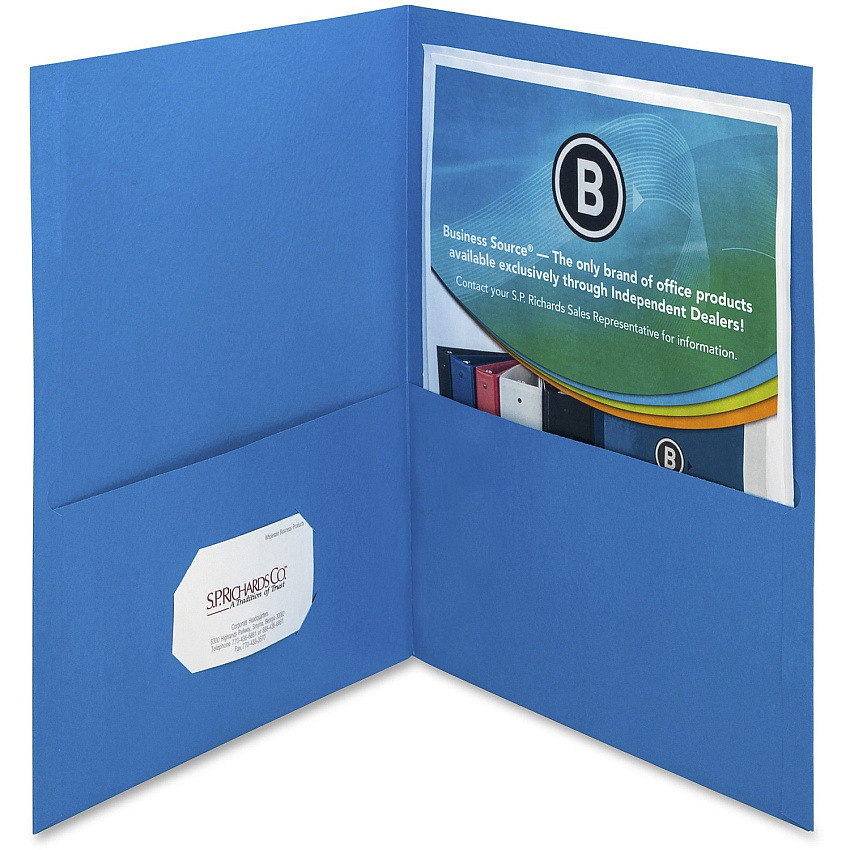 Business Source Letter Recycled Pocket Folder 8 1/2" x 11" - 100 Sheets Capacity - 2 Inside Front & Back Pocket(s) - Paper - Blue - Card Holder - 35% Recycled - 25 / Box (BSN78491)