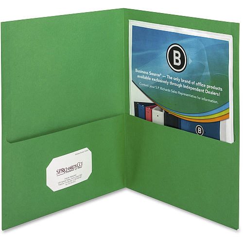 Business Source Letter Recycled Pocket Folder 8 1/2" x 11" - 100 Sheets Capacity - 2 Inside Front & Back Pocket(s) - Paper - Green - Card Holder - 35% Recycled - 25 / Box (BSN78493)