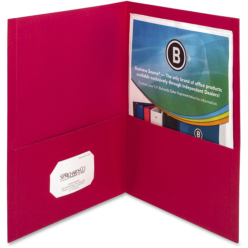 Business Source Letter Pocket Folder 8 1/2" x 11" - 100 Sheets Capacity - 2 Inside Front & Back Pocket(s) - Paper - Red - Card Holder - 25 / Box (BSN78494)