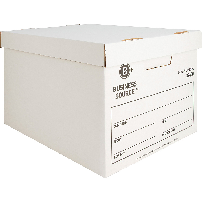 Business Source Quick Setup Medium-Duty Storage Box External Dimensions: 12" Width x 15" Depth x 10" Height - Media Size Supported: Legal, Letter - Lift-off Closure - Medium Duty - Stackable - White - For File - Recycled - 12 / Carton (BSN32450)