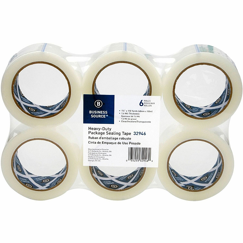 Business Source Heavy-duty Packaging/Sealing Tape 110 yd Length x 1.88" Width - 3" Core - Clear - 1.60 mil - Breakage Resistance - For Bonding, Packing - 6 / Pack (BSN32946)