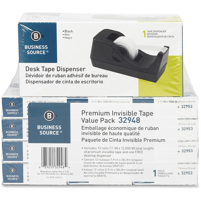Business Source Invisible Tape Dispenser Value Pack 27.78 yd Length x 0.75" Width - 1" Core - Clear - Acetate - Dispenser Included - Desktop Dispenser - For Multi Surface, Mending, Splicing, Holding - 12 / Pack (BSN32948)