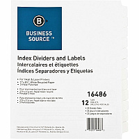 Business Source Customize 12-Tab Index Dividers 12 x Divider(s) - 12 Print-on Tab(s) - 12 Tab(s)/Set - 8.3" Divider Width - 3 Hole Punched - White Divider - White Tab(s) - 100% Recycled - Punched, Mylar Reinforcement - 25 / Box (BSN16486)