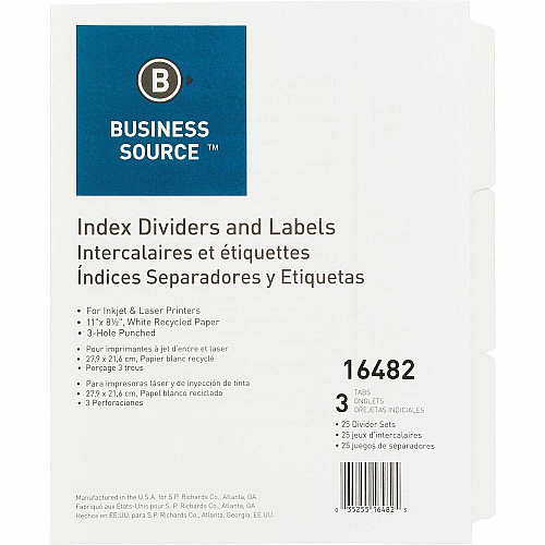 Business Source 3-Hole Punched Laser Index Tabs 3 Tab(s) - 3 Tab(s)/Set - 8.5" Divider Width x 11" Divider Length - Letter - 3 Hole Punched - White Tab(s) - 100% Recycled - Punched, Mylar Reinforcement - 25 / Box (BSN16482)