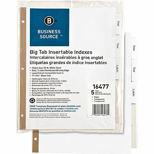 Business Source Tear-resistant Clear Tab Index Dividers 5 x Divider(s) - 5 Tab(s)/Set - 8.5" Divider Width x 11" Divider Length - Letter - White Divider - Clear Tab(s) - 100% Recycled - Tear Resistant - 5 / Set (BSN16477)