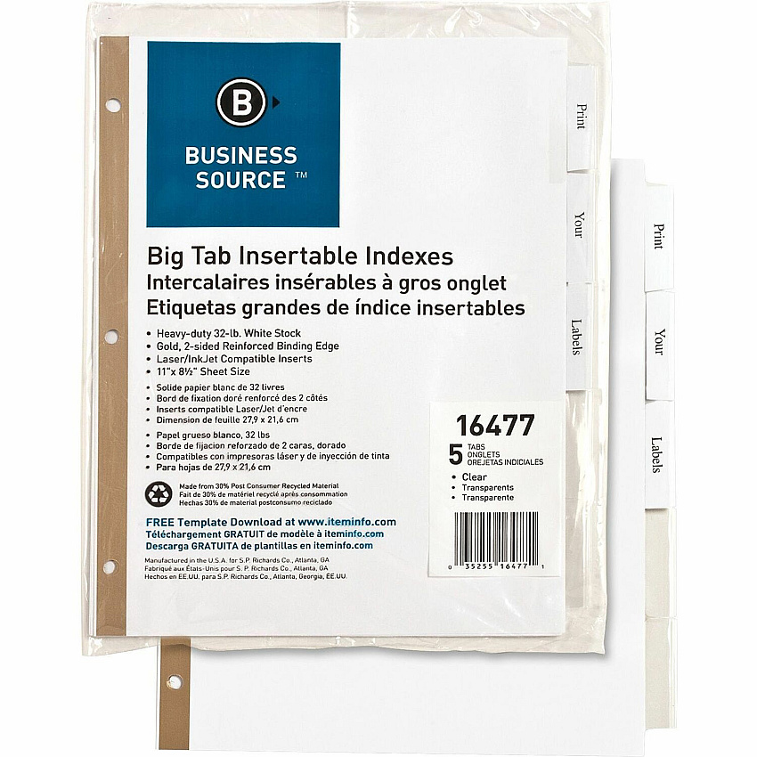 Business Source Tear-resistant Clear Tab Index Dividers 5 x Divider(s) - 5 Tab(s)/Set - 8.5" Divider Width x 11" Divider Length - Letter - White Divider - Clear Tab(s) - 100% Recycled - Tear Resistant - 5 / Set (BSN16477)