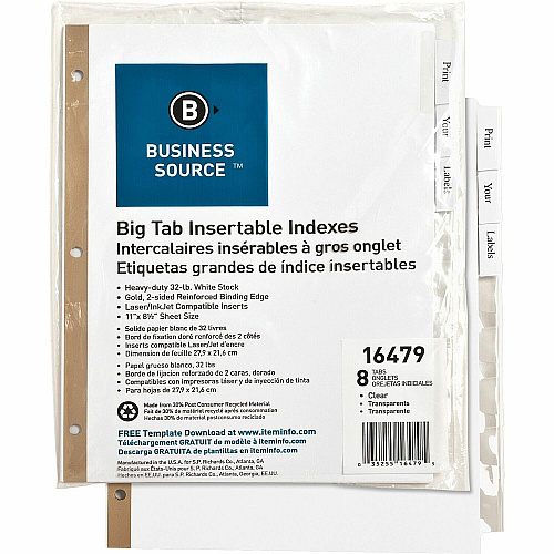 Business Source Tear-resistant Clear Tab Index Dividers 8 Tab(s) - 8.5" Divider Width x 11" Divider Length - Letter - White Divider - Clear Tab(s) - 100% Recycled - Tear Resistant - 8 / Set (BSN16479)